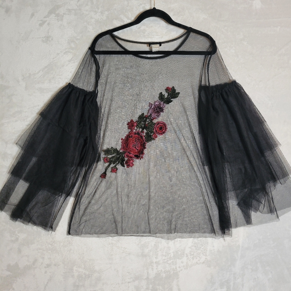 Vintage Black Whimsigoth Sheer Mesh Floral Applique Shirt 3X Tiered Sleeves - Picture 7 of 12
